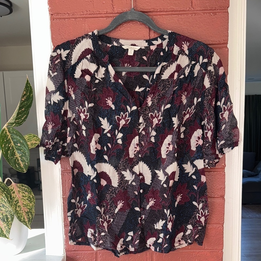 Lucky Brand Floral Button Down Blouse - Black, Cream, Blue, and Red Medium
